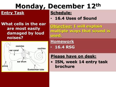 Monday, December 12th Entry Task What cells in the ear are most easily damaged by loud noises? Schedule: 16.4 Uses of Sound Objective: I will explain.