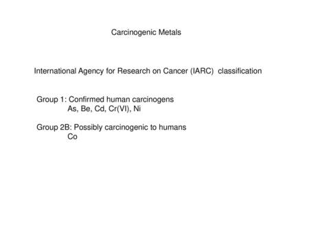 Carcinogenic Metals International Agency for Research on Cancer (IARC) classification Group 1: Confirmed human carcinogens As, Be, Cd, Cr(VI), Ni Group.
