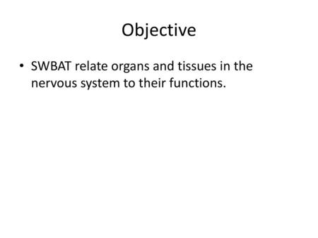 Objective SWBAT relate organs and tissues in the nervous system to their functions.