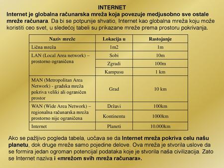 INTERNET Internet je globalna računarska mreža koja povezuje medjusobno sve ostale mreže računara. Da bi se potpunije shvatio, Internet kao globalna mreža.