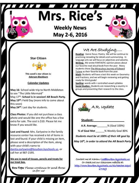 Mrs. Rice’s Weekly News May 2-6, 2016 We Are Studying….. A.R. Update