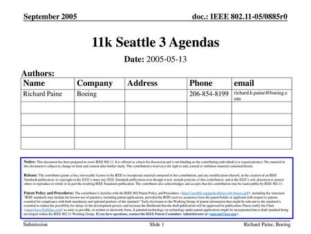 11k Seattle 3 Agendas Date: Authors: September 2005