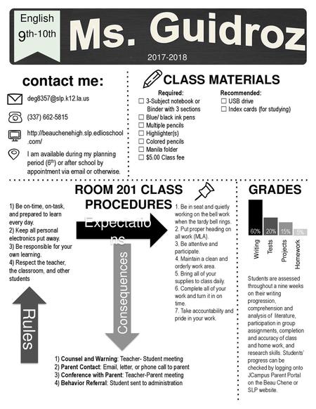 Ms. Guidroz Rules 9th-10th contact me: Expectations CLASS MATERIALS