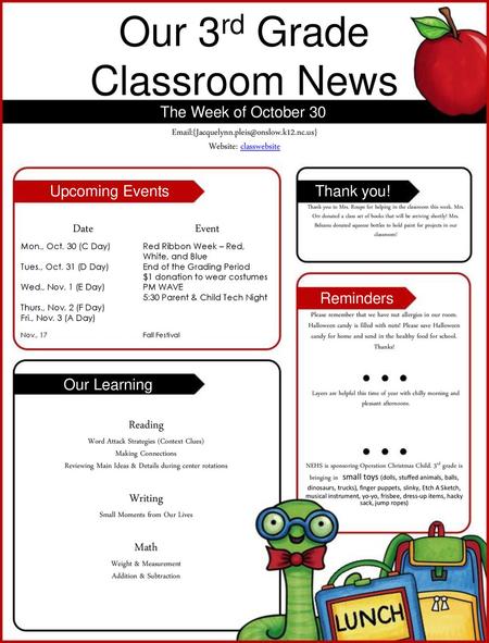 Our 3rd Grade Classroom News The Week of October 30 Upcoming Events