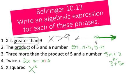 Bellringer Write an algebraic expression for each of these phrases.