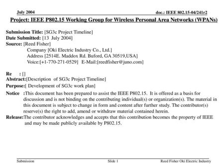 July 2004 Project: IEEE P802.15 Working Group for Wireless Personal Area Networks (WPANs) Submission Title: [SG3c Project Timeline] Date Submitted: [13.