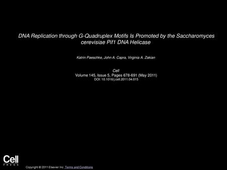 DNA Replication through G-Quadruplex Motifs Is Promoted by the Saccharomyces cerevisiae Pif1 DNA Helicase  Katrin Paeschke, John A. Capra, Virginia A.