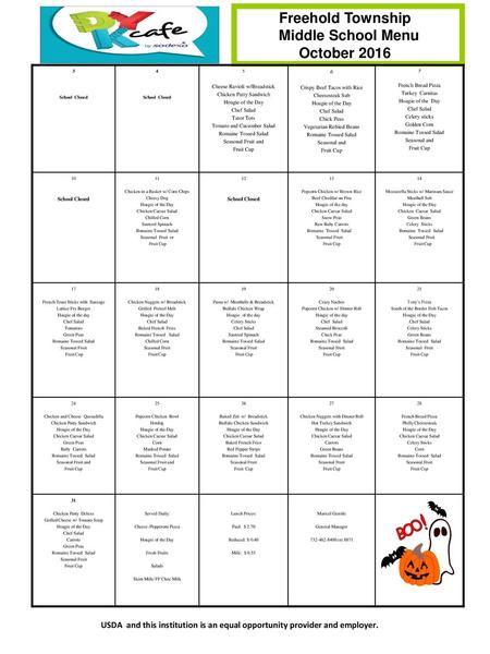 Freehold Township Middle School Menu October 2016