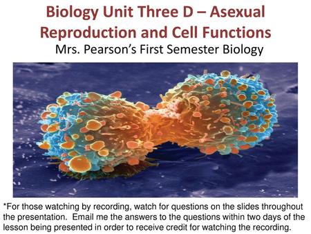 Biology Unit Three D – Asexual Reproduction and Cell Functions