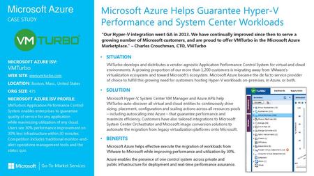 Microsoft Azure Helps Guarantee Hyper-V Performance and System Center Workloads “Our Hyper-V integration went GA in 2013. We have continually improved.