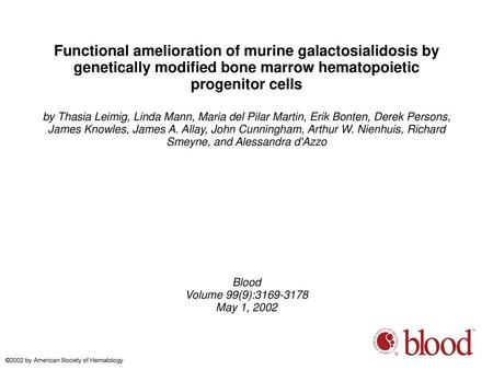 Functional amelioration of murine galactosialidosis by genetically modified bone marrow hematopoietic progenitor cells by Thasia Leimig, Linda Mann, Maria.