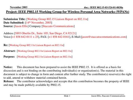 November 2003 Project: IEEE P802.15 Working Group for Wireless Personal Area Networks (WPANs) Submission Title: [Working Group 802.15 Liaison Report on.