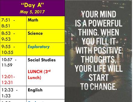 “Day A” May 5, :51 - 8:51 Math 8:53 - 9:53 Science 9:55 -10:55
