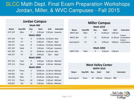 SLCC Math Dept. Final Exam Preparation Workshops
