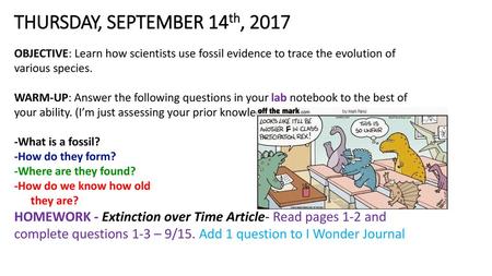 THURSDAY, SEPTEMBER 14th, 2017 OBJECTIVE: Learn how scientists use fossil evidence to trace the evolution of various species. WARM-UP: Answer the following.