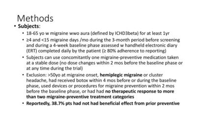 Methods Subjects: 18-65 yo w migraine wwo aura (defined by ICHD3beta) for at least 1yr ≥4 and 