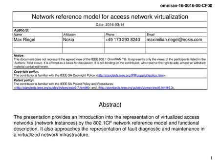 Network reference model for access network virtualization