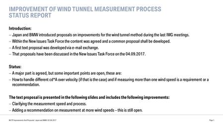 Improvement of Wind tunnel Measurement Process Status report