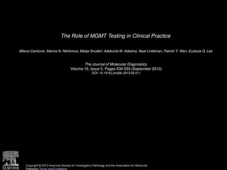 The Role of MGMT Testing in Clinical Practice