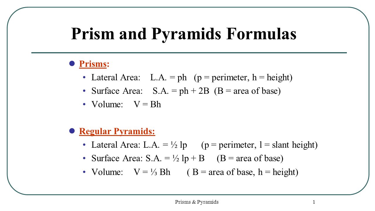 Prisms Pyramids 1 Prism And Pyramids Formulas Prisms Lateral Area L A Ph P Perimeter H Height Surface Area S A Ph 2b B Area Of Base Ppt Download