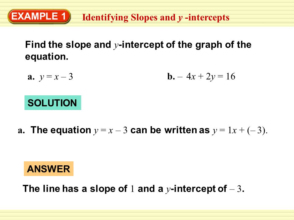 Example 1 Identifying Slopes And Y Intercepts Find The Slope And Y Intercept Of The Graph Of The Equation A Y X 3 B 4x 2y 16 Solution A Ppt Download Example 1 Identifying Slopes And Y Intercepts Find The Slope And Y Intercept Of The Graph Of The Equation A Y X 3 B 4x 2y 16 Solution A Ppt Download