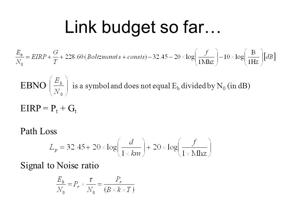 Link Budget So Far Ebno Is A Symbol And Does Not Equal E B Divided By N 0 In Db Eirp P T G T Path Loss Signal To Noise