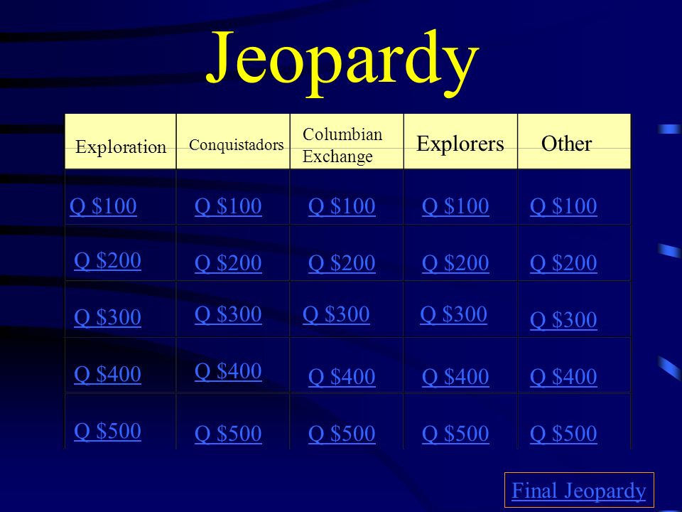Jeopardy Exploration Conquistadors Columbian Exchange 