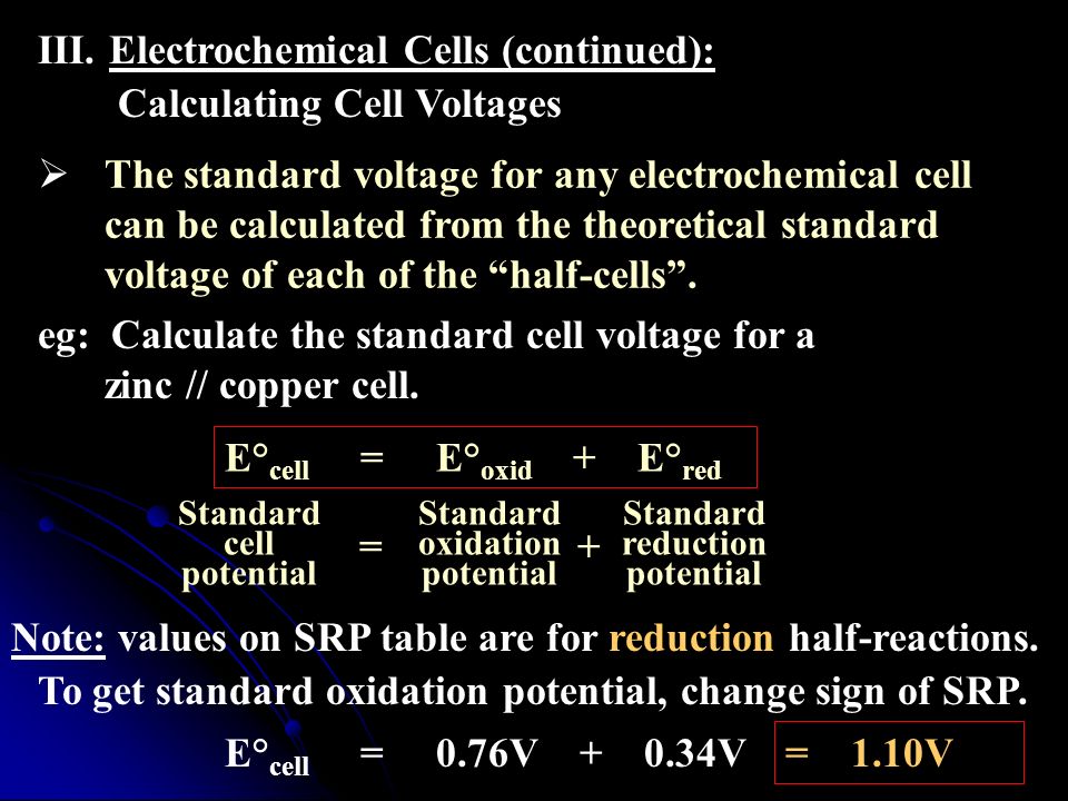III.Electrochemical Cells (continued): Calculating Cell Voltages  The  standard voltage for any electrochemical cell can be calculated from the  theoretical. - ppt download