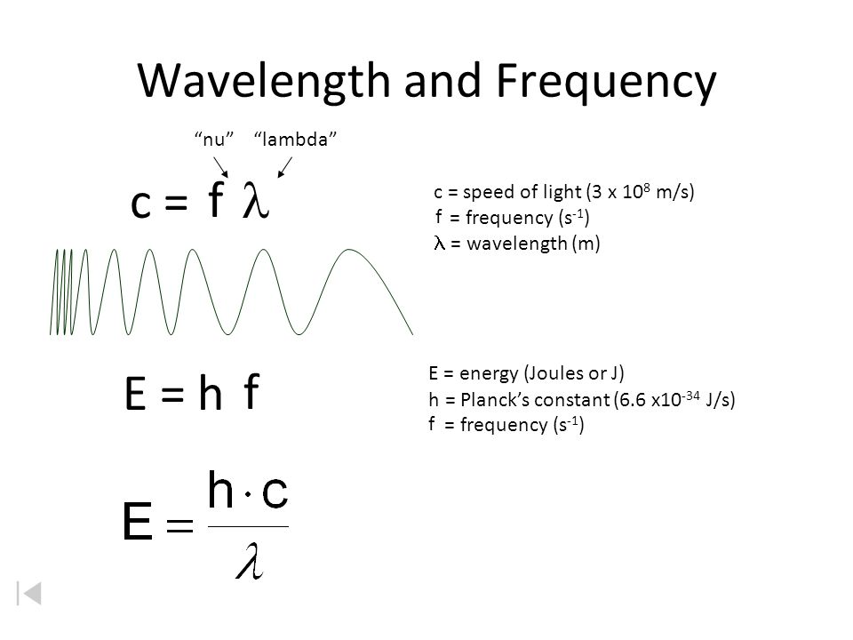 Wavelength And Frequency E H C C Speed Of Light 3 X 10 8 M S Frequency S 1 Wavelength M E Energy Joules Or J H Planck S Constant Ppt Download