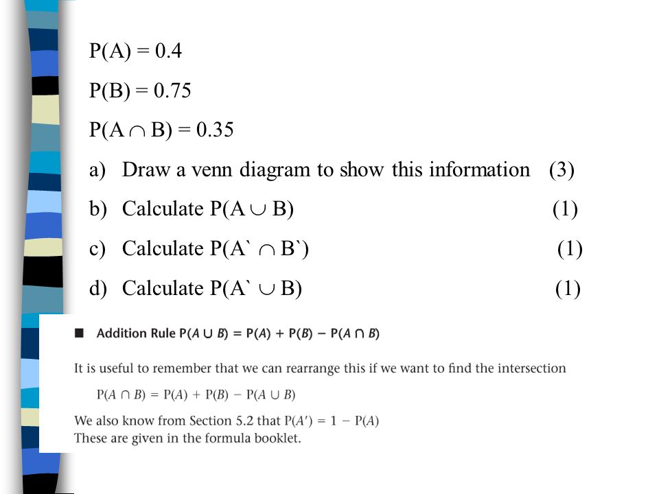 P A 0.4 P B 0.75 P A B 0.35 Draw a venn diagram to