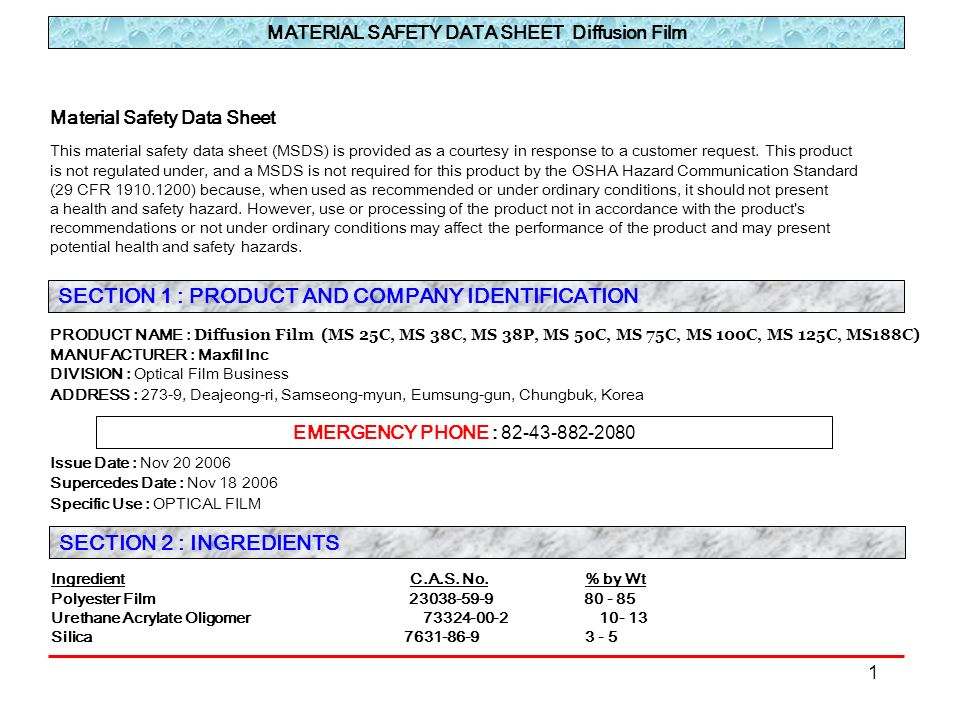 Material Safety Data Sheet Diffusion Film Ppt Video Online Download