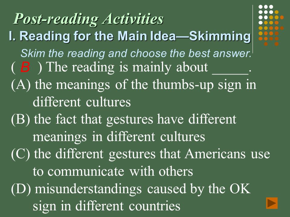 Post Reading Activities I Reading For The Main Idea Skimming Skim The Reading And Choose The Best Answer The Reading Is Mainly About A The Ppt Download