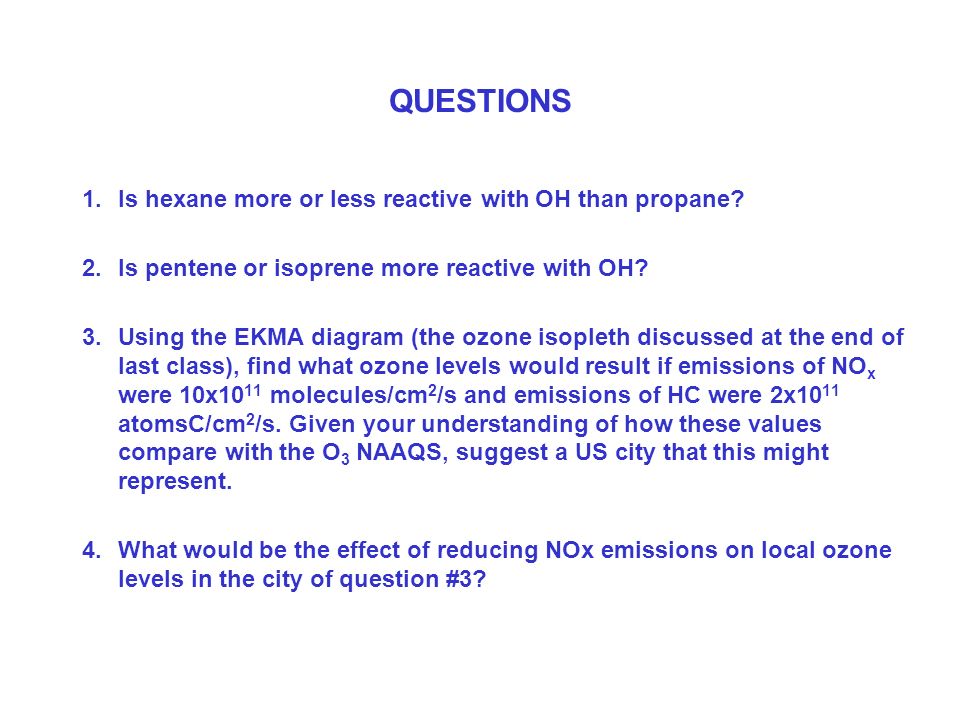 Questions 1 Is Hexane More Or Less Reactive With Oh Than Propane 2 Is Pentene Or Isoprene More Reactive With Oh 3 Using The Ekma Diagram The Ozone Isopleth Ppt Download