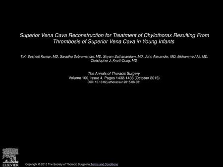 Superior Vena Cava Reconstruction for Treatment of Chylothorax Resulting From Thrombosis of Superior Vena Cava in Young Infants  T.K. Susheel Kumar, MD,