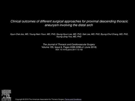 Clinical outcomes of different surgical approaches for proximal descending thoracic aneurysm involving the distal arch  Hyun-Chel Joo, MD, Young-Nam Youn,