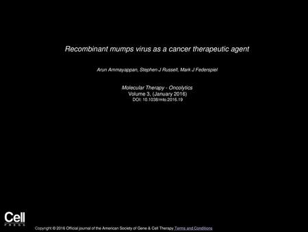 Recombinant mumps virus as a cancer therapeutic agent