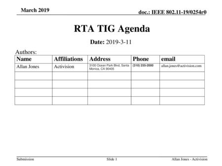 RTA TIG Agenda Date: Authors: March 2019