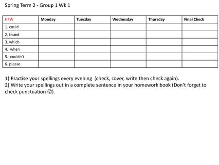 Spring Term 2 - Group 1 Wk 1 HFW Monday Tuesday Wednesday Thursday