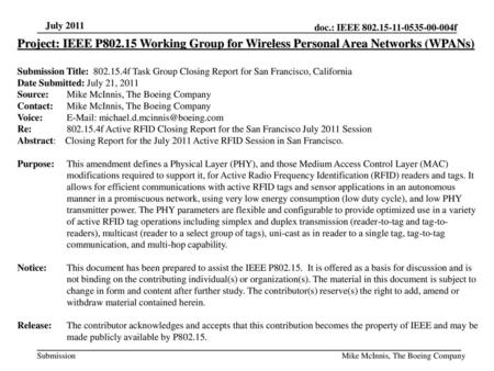 Project: IEEE P802.15 Working Group for Wireless Personal Area Networks (WPANs) Submission Title: 802.15.4f Task Group Closing Report for San Francisco,
