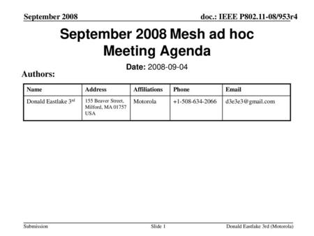 September 2008 Mesh ad hoc Meeting Agenda
