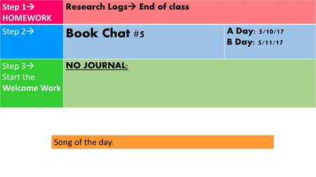 Book Chat #5 Step 1 HOMEWORK Research Logs End of class Step 2