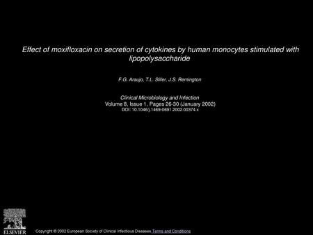Effect of moxifloxacin on secretion of cytokines by human monocytes stimulated with lipopolysaccharide  F.G. Araujo, T.L. Slifer, J.S. Remington  Clinical.