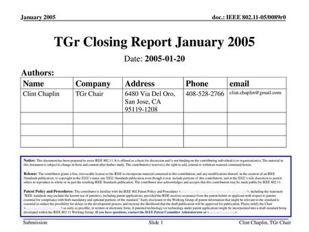 TGr Closing Report January 2005