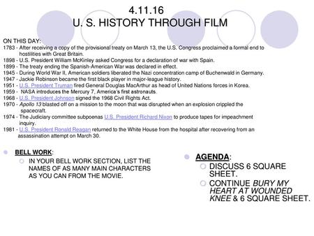 U. S. HISTORY THROUGH FILM