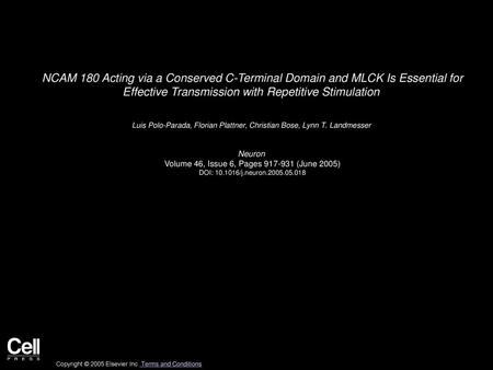 NCAM 180 Acting via a Conserved C-Terminal Domain and MLCK Is Essential for Effective Transmission with Repetitive Stimulation  Luis Polo-Parada, Florian.