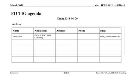 FD TIG agenda Date: Authors: March 2018 Name Affiliations