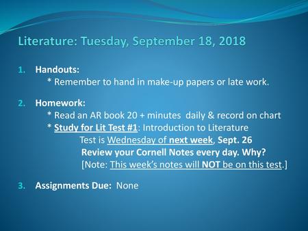 Literature: Tuesday, September 18, 2018