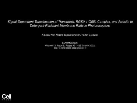 Signal-Dependent Translocation of Transducin, RGS9-1-Gβ5L Complex, and Arrestin to Detergent-Resistant Membrane Rafts in Photoreceptors  K.Saidas Nair,