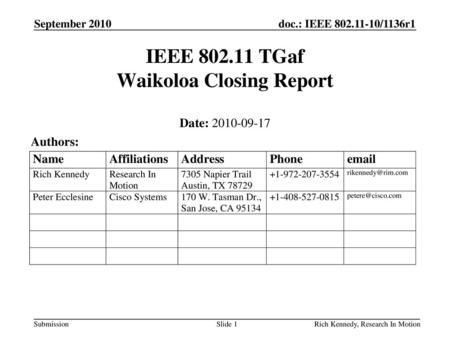 IEEE TGaf Waikoloa Closing Report