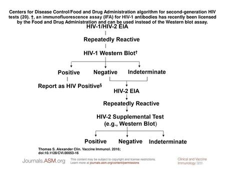 Centers for Disease Control/Food and Drug Administration algorithm for second-generation HIV tests (20). †, an immunofluorescence assay (IFA) for HIV-1.